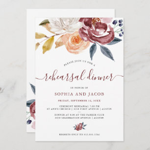 Burgundy Watercolor Floral Rehearsal Dinner Invitation