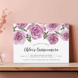 Burgundy Watercolor Floral Roses Quinceañera Invitation