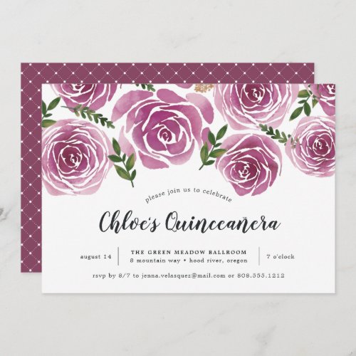 Burgundy Watercolor Floral Roses Quinceaera Invitation