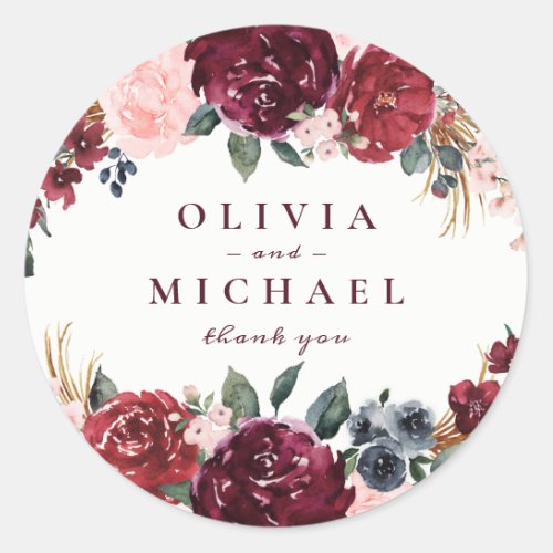 Burgundy watercolor floral rustic boho wedding classic round sticker