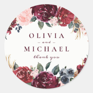 Burgundy watercolor floral rustic boho wedding classic round sticker