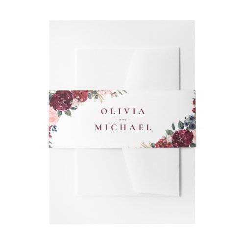 Burgundy watercolor floral rustic boho wedding invitation belly band