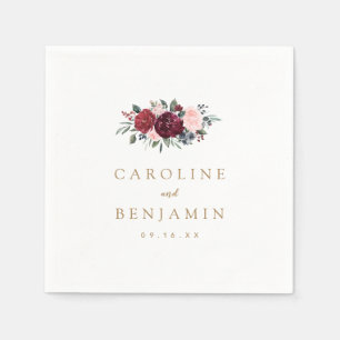 Burgundy watercolor floral rustic boho wedding napkins