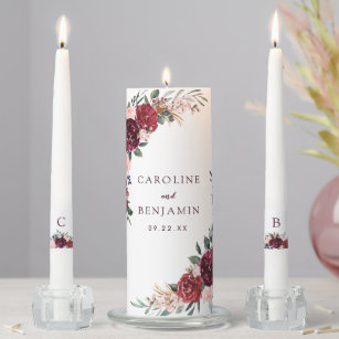 Burgundy watercolor floral rustic boho wedding unity candle set