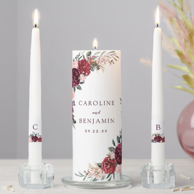 Burgundy watercolor floral rustic boho wedding unity candle set (In Situ)