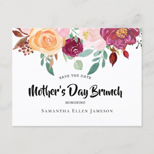 Burgundy Watercolor Floral Save The Date Brunch Announcement Postcard