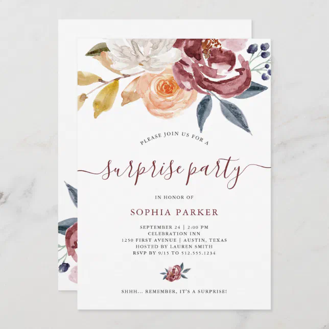 Burgundy Watercolor Floral Surprise Party Invitation Zazzle