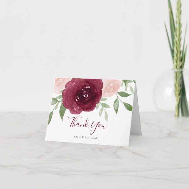 Burgundy Watercolor Floral Thank You Card (Front)