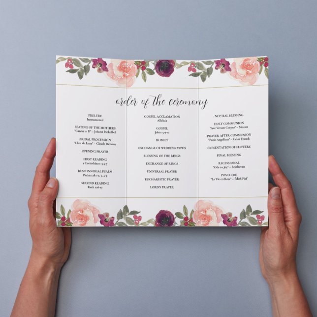 Burgundy Watercolor Floral Trifold Wedding Program Flyer (Creator Uploaded)