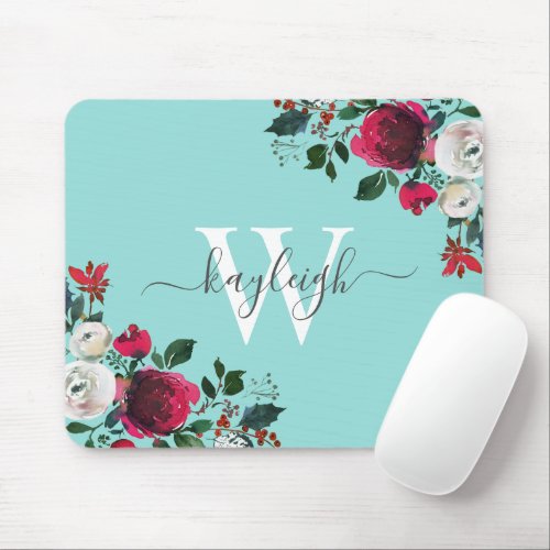 Burgundy Watercolor Floral Turquoise Monogrammed Mouse Pad