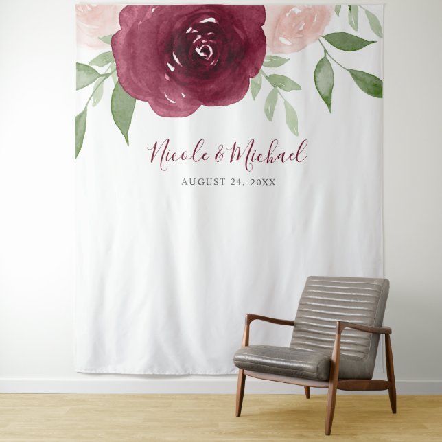 Burgundy Watercolor Floral Wedding Backdrop (In Situ)