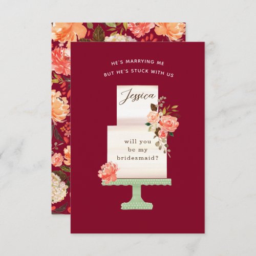 Burgundy Watercolor Floral Wedding Cake Bridesmaid Invitation