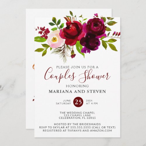 Burgundy Watercolor Floral Wedding Couples Shower  Invitation