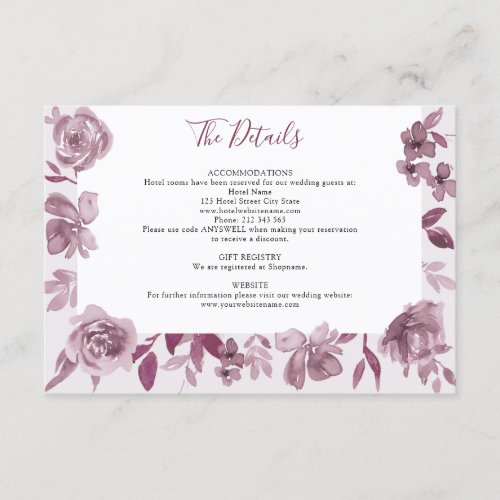 Burgundy Watercolor Floral Wedding Details Enclosure Card
