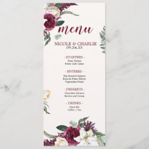 Burgundy Watercolor Floral Wedding Dinner Menu