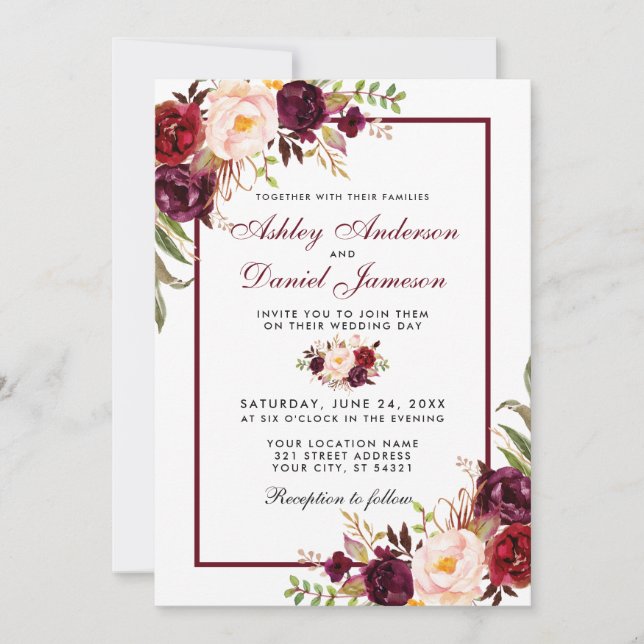 Burgundy Watercolor Floral Wedding Invitation (Front)