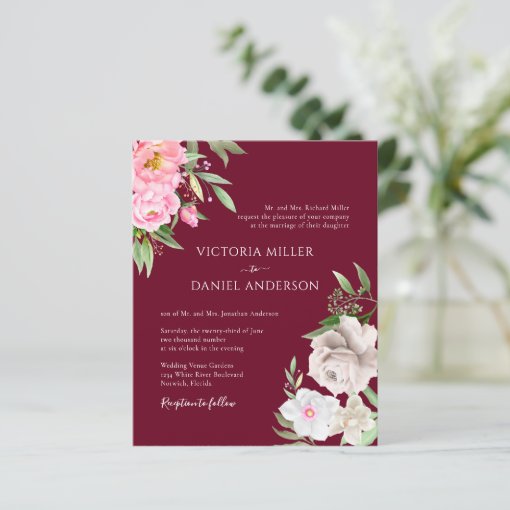 Burgundy Watercolor Floral Wedding Invitation | Zazzle