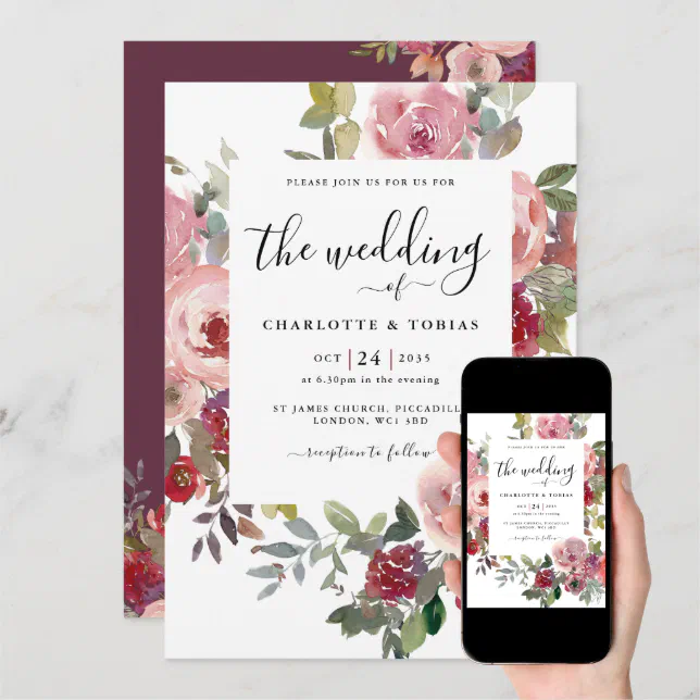 Burgundy Watercolor Floral Wedding Invitation Zazzle