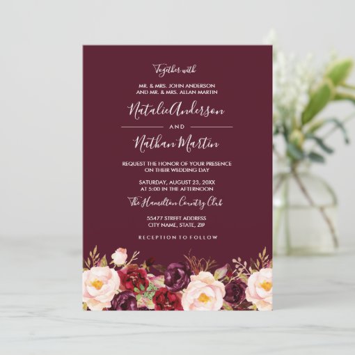 Burgundy Watercolor Floral Wedding Invitation Zazzle