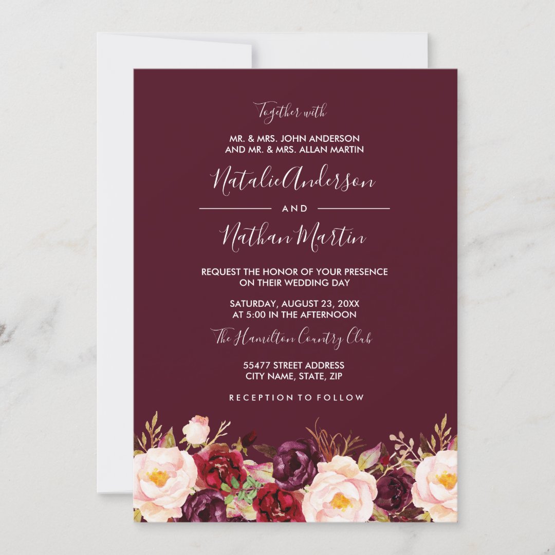 Burgundy Watercolor Floral Wedding Invitation | Zazzle