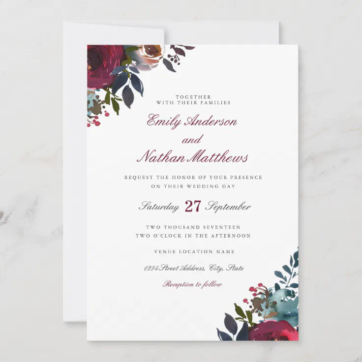 Burgundy Watercolor Floral Wedding Invitation Zazzle