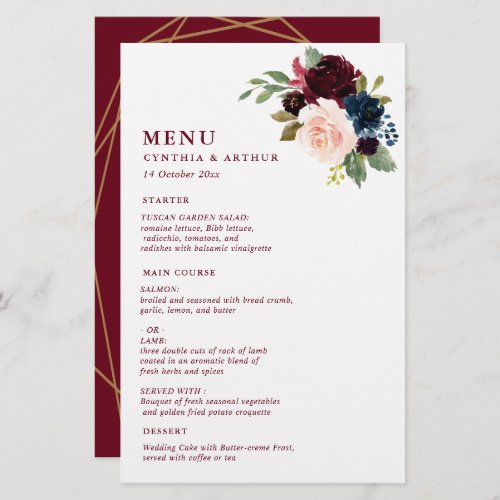 burgundy watercolor floral wedding menu
