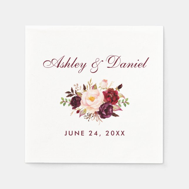 Burgundy Watercolor Floral Wedding Napkins (Front)