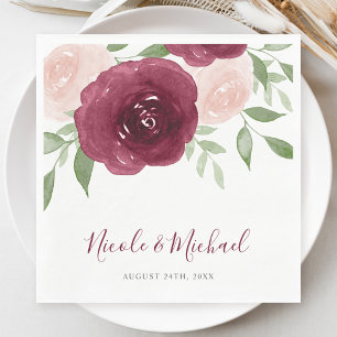 Burgundy Watercolor Floral Wedding Paper Napkins