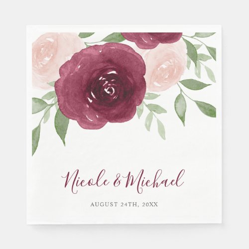 Burgundy Watercolor Floral Wedding Paper Napkins