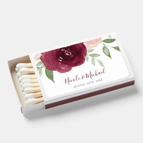 Burgundy Watercolor Floral Wedding Personalized  Matchboxes