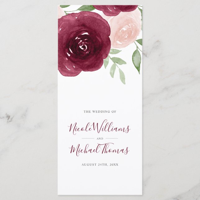 Burgundy Watercolor Floral Wedding Program (Front)
