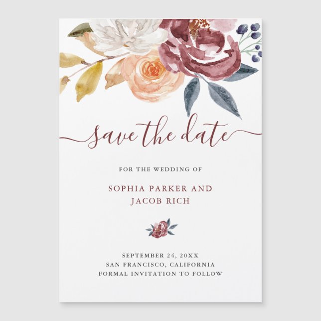Burgundy Watercolor Floral | Wedding Save The Date (Front)