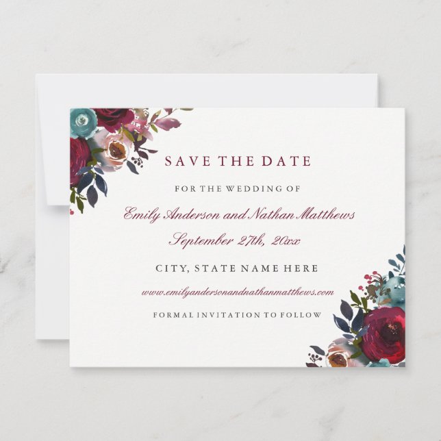 Burgundy Watercolor Floral Wedding Save The Date (Front)