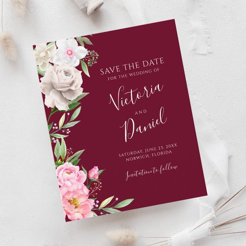 Burgundy Watercolor Floral Wedding Save The Date