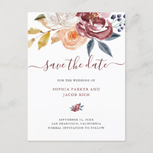 Burgundy Watercolor Floral Wedding Save The Date Announcement Postcard
