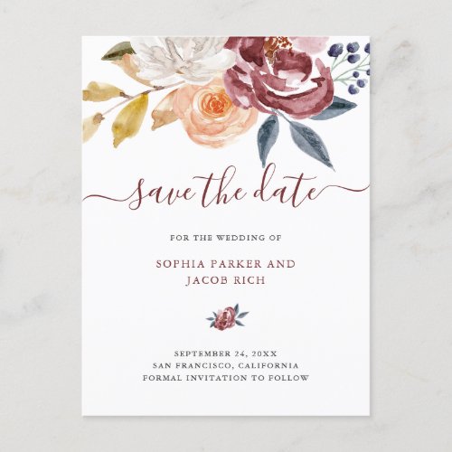 Burgundy Watercolor Floral  Wedding Save The Date Announcement Postcard