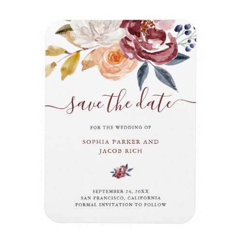 Burgundy Watercolor Floral  Wedding Save The Date Magnet