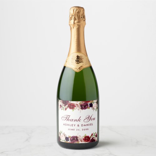 Burgundy Watercolor Floral Wedding Sparkling Wine Label