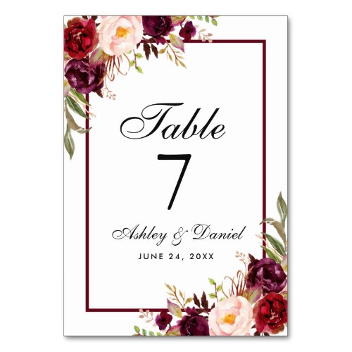 Burgundy Watercolor Floral Wedding Table Number