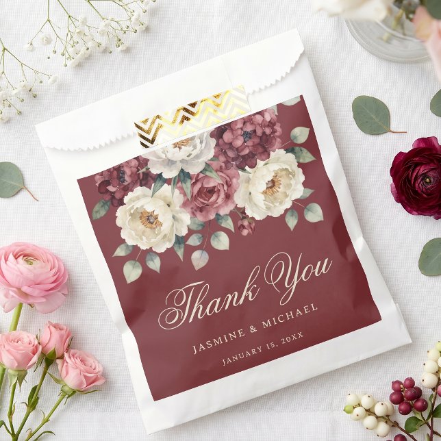 Burgundy Watercolor Floral Wedding Thank You Favor Bag (Creator Uploaded)