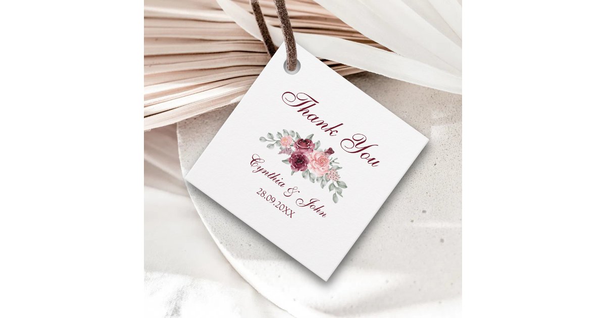 Burgundy Watercolor Floral Wedding Thank You Favor Tags | Zazzle