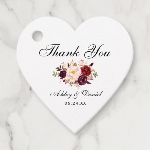 Burgundy Watercolor Floral Wedding Thank You Heart Favor Tags