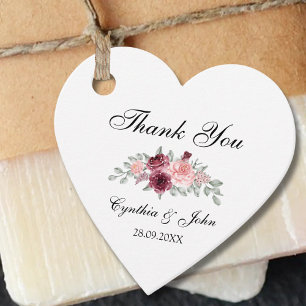 Burgundy Watercolor Floral Wedding Thank You Heart Favor Tags