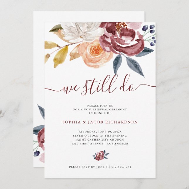 Burgundy Watercolor Floral | Wedding Vow Renewal Invitation (Front/Back)