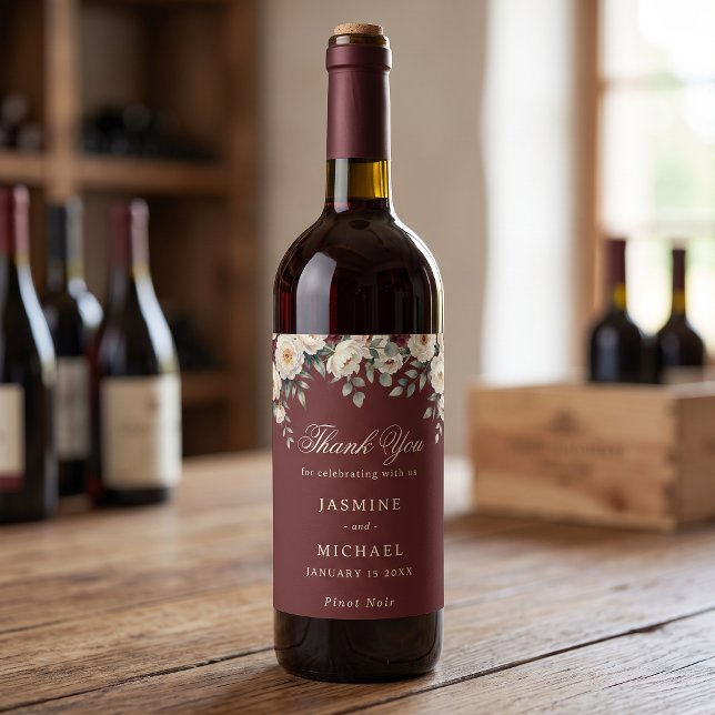 Burgundy Watercolor Floral Winter Wedding Favor Wine Label (Creator Uploaded)