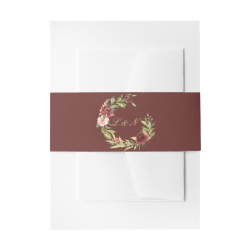 Burgundy Watercolor Floral Wreath Monogram Invitation Belly Band