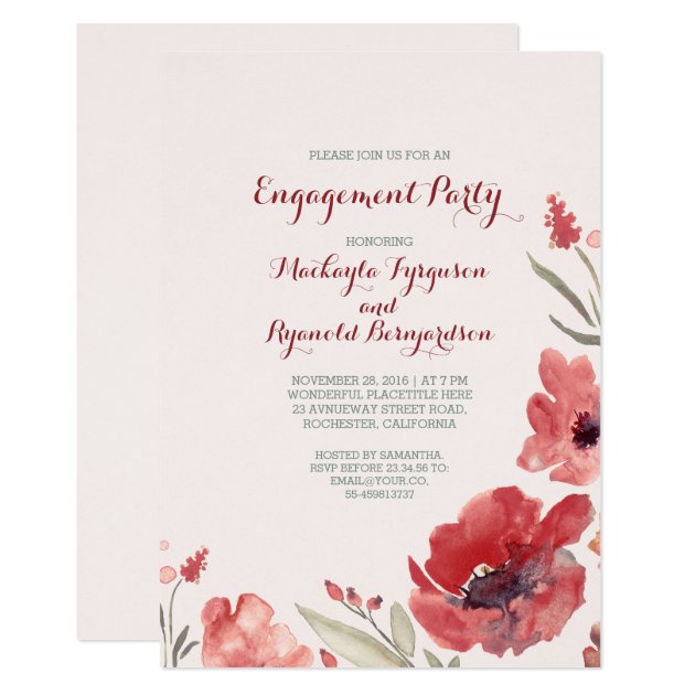 Burgundy Watercolor Florals Cute Engagement Party Invitation