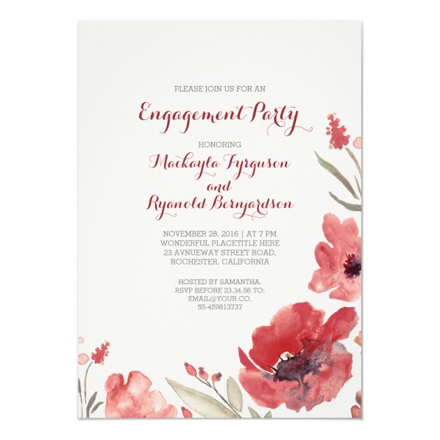 Burgundy Watercolor Florals Cute Engagement Party Invitation