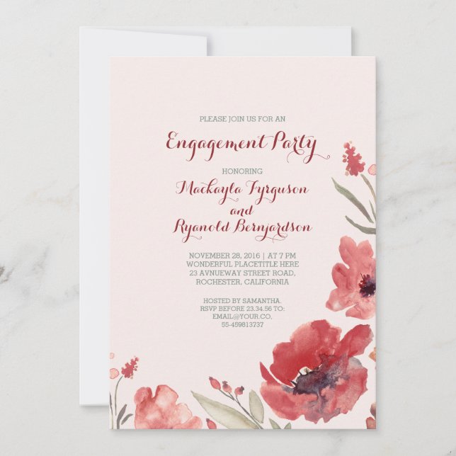 Burgundy Watercolor Florals Cute Engagement Party Invitation (Front)