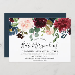 Burgundy Watercolor Flowers Bat Mizvah Invitation
